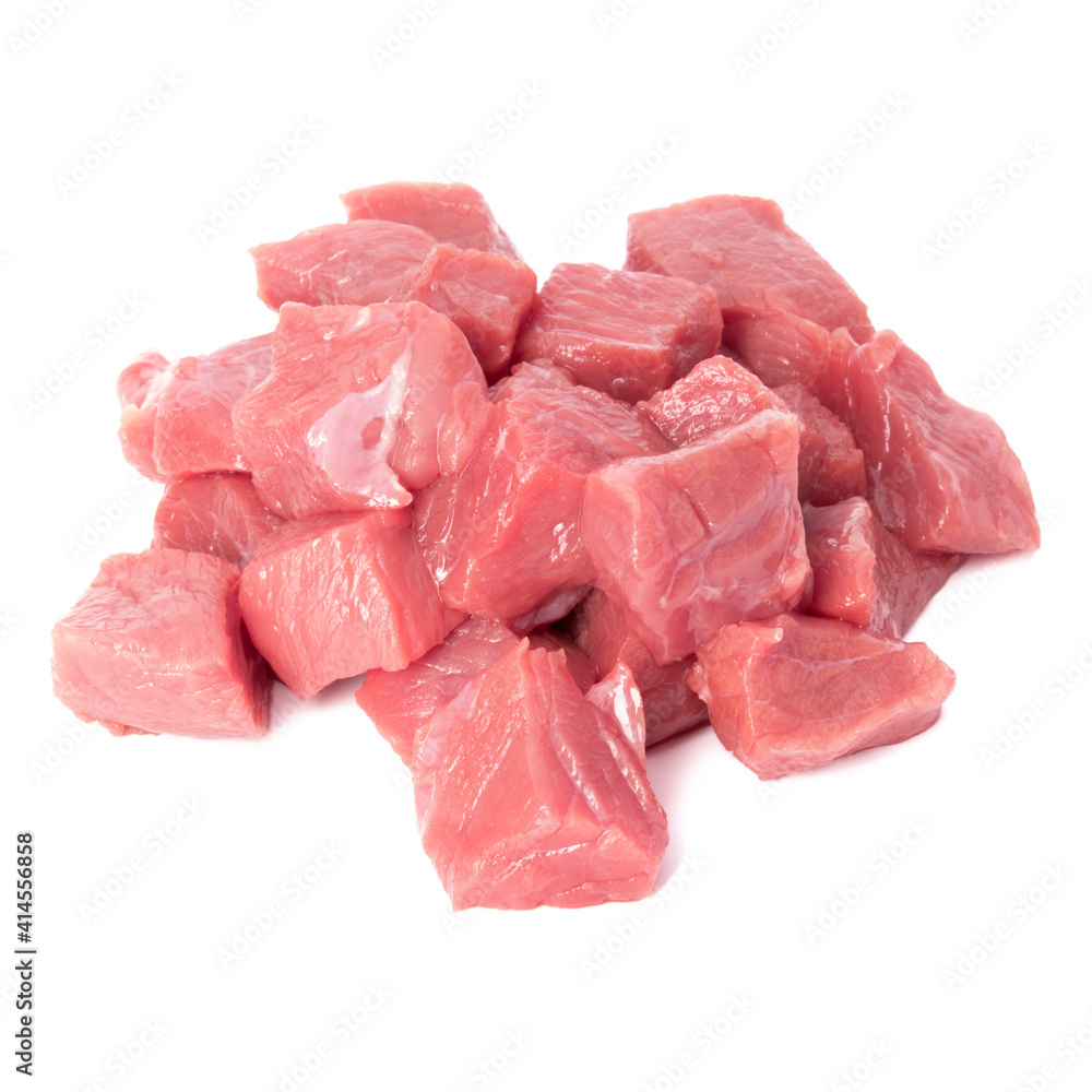 Raw chopped beef meat pieces isolated om white background cut out. Raw chopped beef meat pieces isolated om white background cut out.