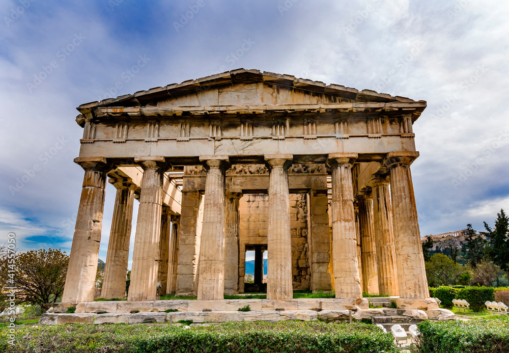 Ancient Temple of Hephaestus. Columns Agora Marketplace, Athens, Greece. Agora founded 6th Century BC. Temple for God of craftsmanship, metalworking from 449 BC