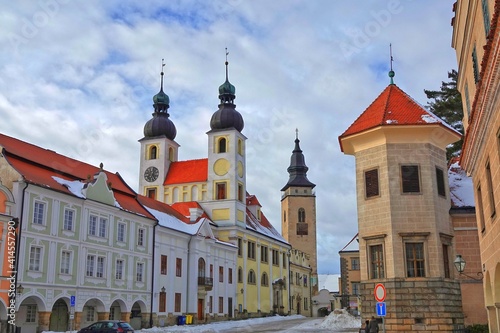 Old buildings and church in main square in Telc town, Czech Republic, UNESCO.