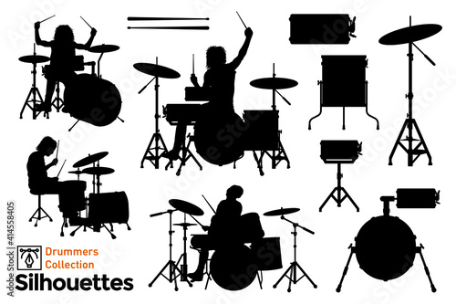 Collection of isolated silhouettes of drummers. Musicians playing.