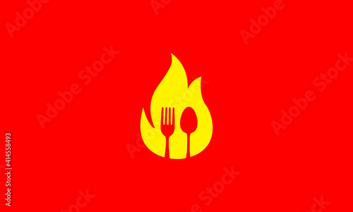 yellow fire with spoon and fork logo design vector icon symbol illustration