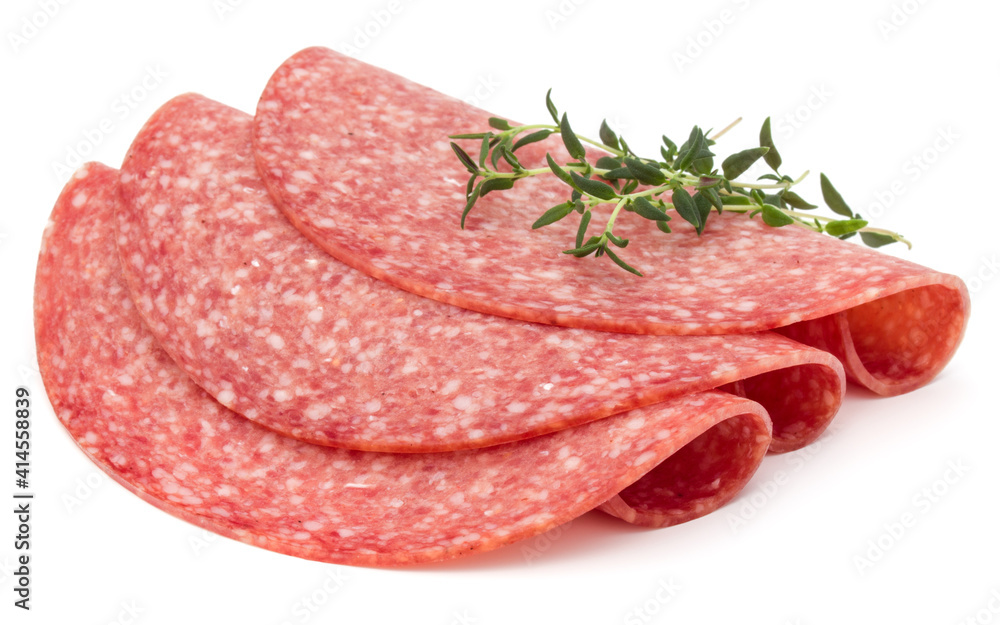 Salami smoked sausage slices isolated on white background Salami smoked sausage slices isolated on white background
