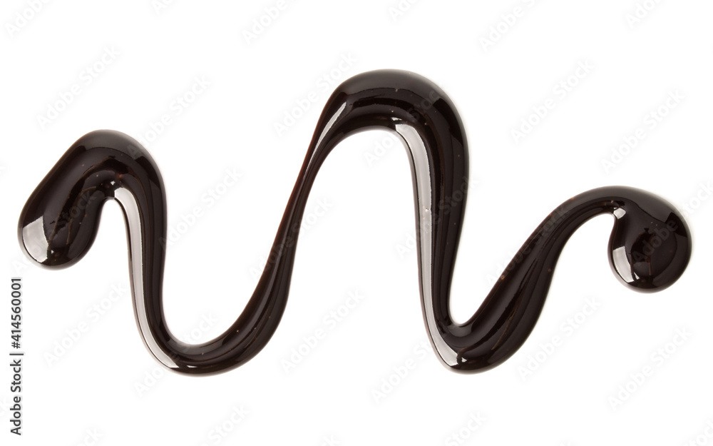 Chocolate syrup drop isolated on white background. Top view. . Chocolate syrup drop isolated on white background. Top view. .