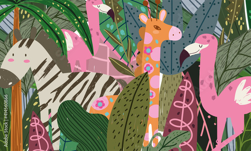 cartoon jungle animals cartoon abstract flamingo giraffe and zebra