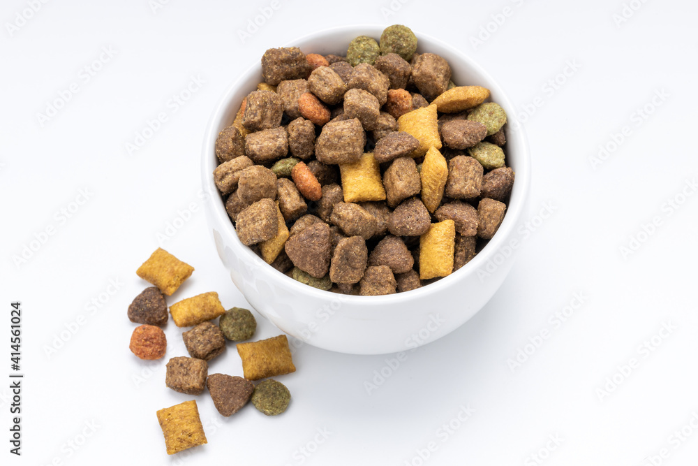 domestic animals dry food at white bowl isolated on white background. dried cat feed cut out. above view domestic animals dry food at white bowl isolated on white background. dried cat feed cut out. above view