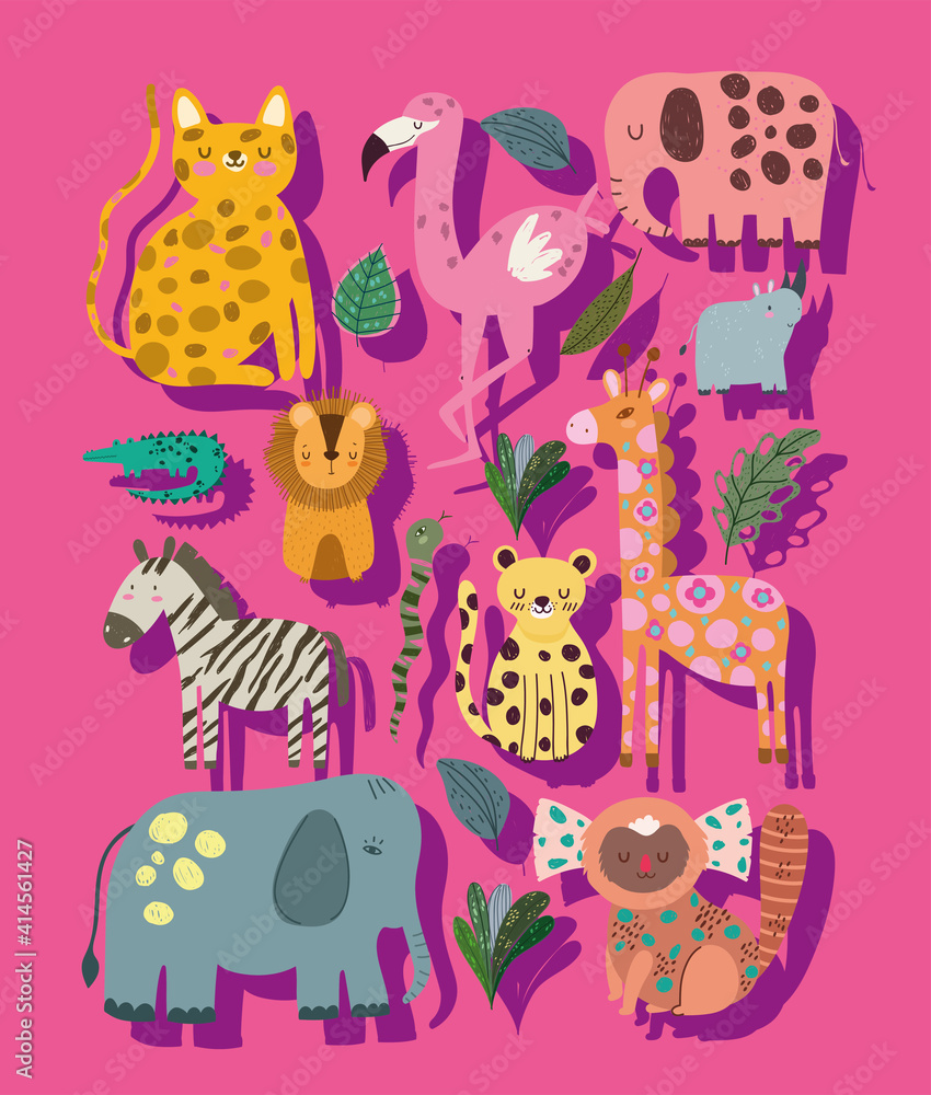 Fototapeta premium jungle animals cartoon cute elephant leopard giraffe zebra abstract style