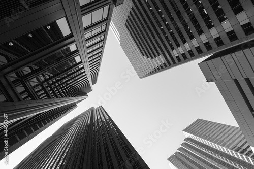 Black and white abstract upward view of downtown skyscrapers in Chicago  Illinois
