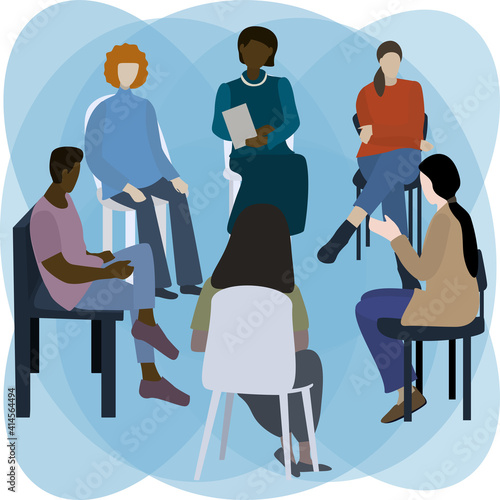 Support group for people with mental illnesses. Group therapy session. Vector illustration