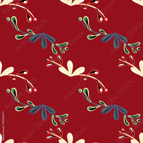 Creative seamless pattern with hand drawn botanic blue and green floral branches. Maroon background.