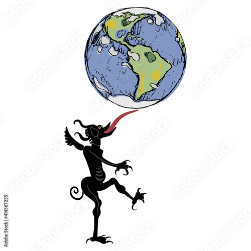 Devil holding planet Earth on his tongue. Creative concept for triumph of evil.