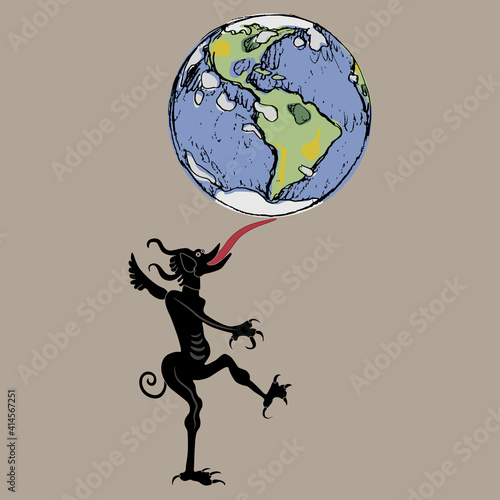 Devil holding planet Earth on his tongue. Creative concept for triumph of evil.
