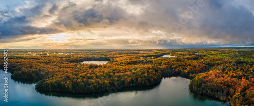 Spectacular autumn sunset over Pete’s Lake Campground 	in the Hiawatha National Forest – Michigan Upper Peninsula – aerial view photo