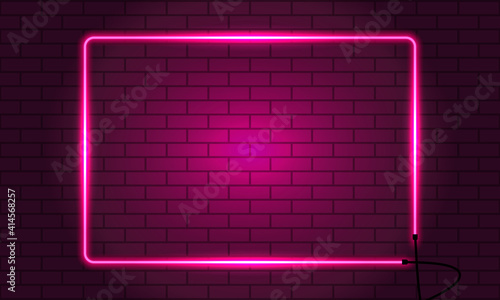Neon squared clean frame on brick wall background. Pink. Vector