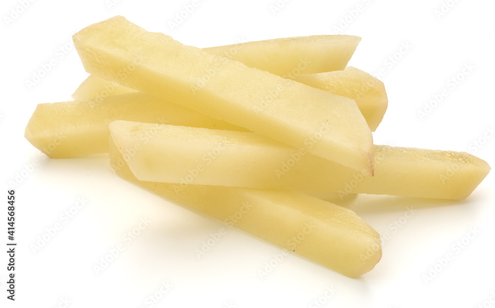 Raw Potato sliced strips prepared for French fries isolated on white background Raw Potato sliced strips prepared for French fries isolated on white background
