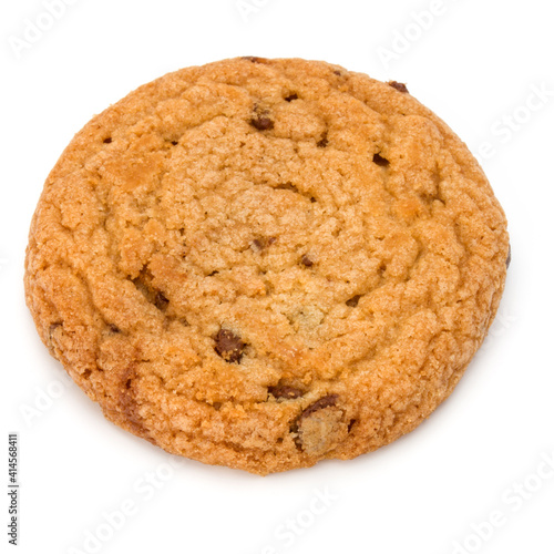 One Chocolate chip cookie isolated on white background. Sweet biscuit. Homemade pastry.