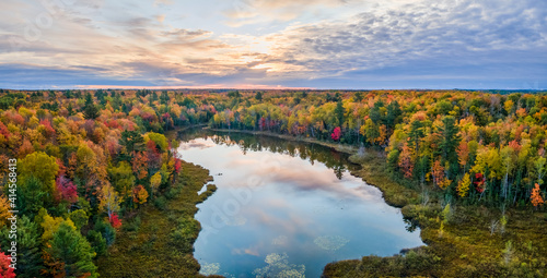 Magnificent autumn sunset over Snipe Lake in the Hiawatha National Forest – Michigan Upper Peninsula – aerial view photo