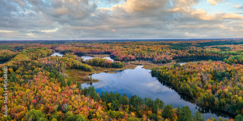 Beautiful autumn sunrise over Snipe Lake in the Hiawatha National Forest – Michigan Upper Peninsula – aerial view