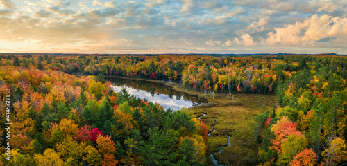 Colorful autumn sunset over Snipe Lake in the Hiawatha National Forest – Michigan Upper Peninsula – aerial view photo