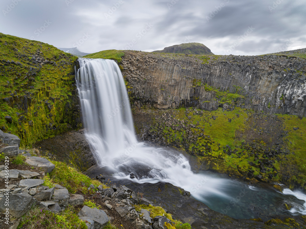 Waterfall Svodufoss. Landscape on peninsula Snaefellsnes in western Iceland. Waterfall Svodufoss. Landscape on peninsula Snaefellsnes in western Iceland.