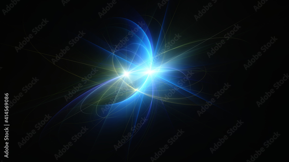 Abstract background, smooth blue lines on a black background.