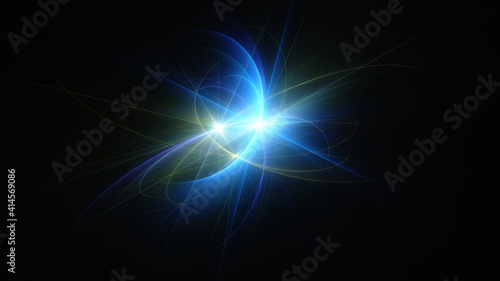 Abstract background, smooth blue lines on a black background.