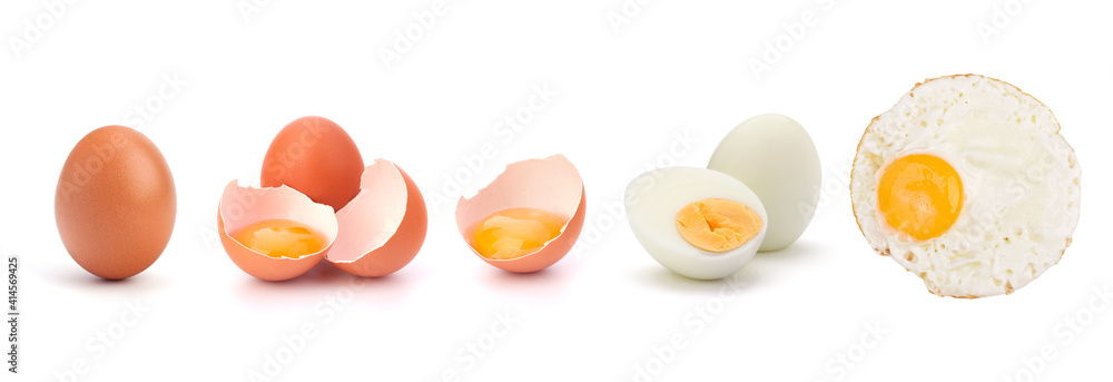 Set of fresh raw, boiled and fried eggs isolated on white background. Protein food. Set of fresh raw, boiled and fried eggs isolated on white background. Protein food.