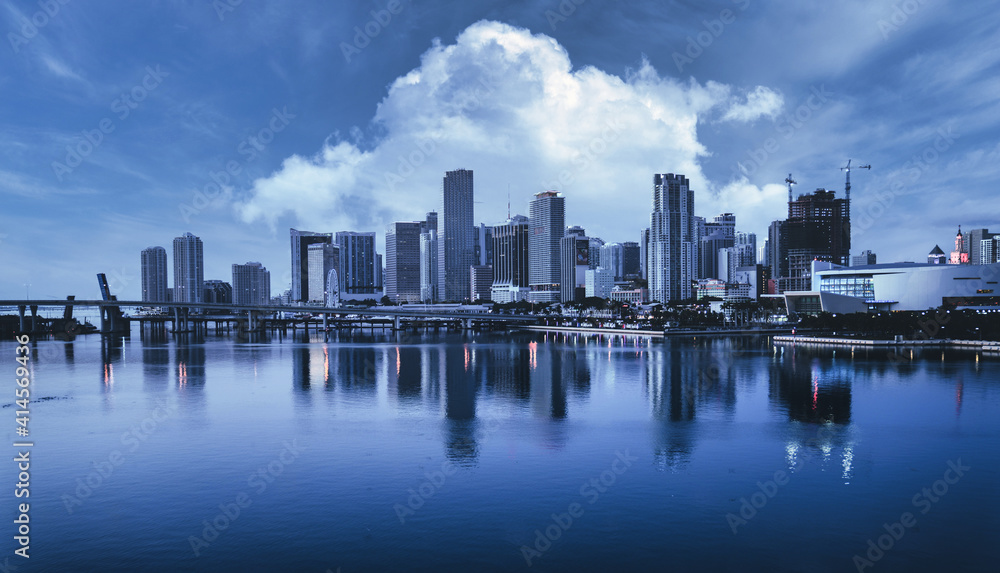 beautiful skyline miami blue sky cloudy clouds buildings skyscrapers downtown illuminated lights reflections water sea bay bridge 