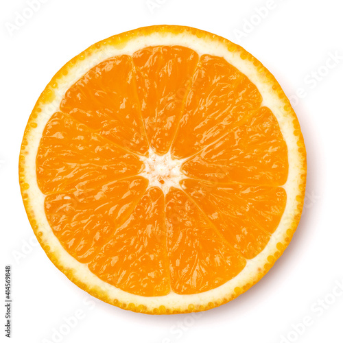 Orange fruit slice  isolated on white background closeup. Food background. Flat lay, top view.