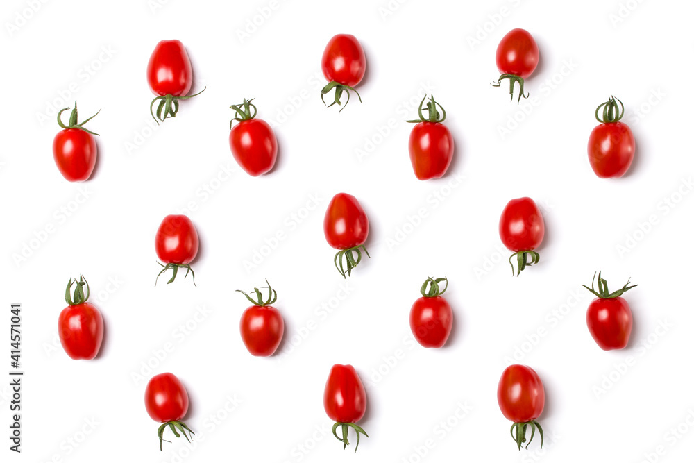 Food pattern of cherry tomato isolated on yellow background. Flat lay, top view. Food pattern of cherry tomato isolated on yellow background. Flat lay, top view.