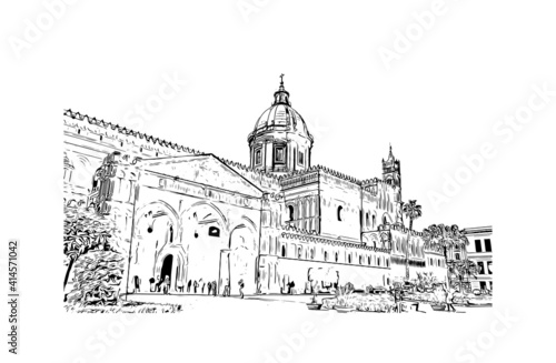 Building view with landmark of Sicily is the
Italian region. Hand drawn sketch illustration in vector.