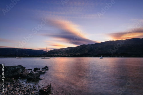 Beautiful Sunset at Lake Wanaka -View from Eely Point Recreation Reserve. Wanaka is a popular ski and summer resort town in the Otago Region of New Zealand  South Island.