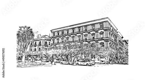 Building view with landmark of Sicily is the
Italian region. Hand drawn sketch illustration in vector.