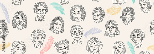 A banner with women's faces of different nationalities and ages in a cartoon style. Flat vector illustration. The concept of women's solidarity. For social media banners, posters, and other decor.