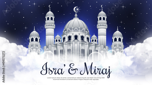 Isra Miraj with White Mosque in The Night Sky