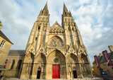 The front facade of the Gothic Bayeux Cathedral in the Normandy city of Bayeux France