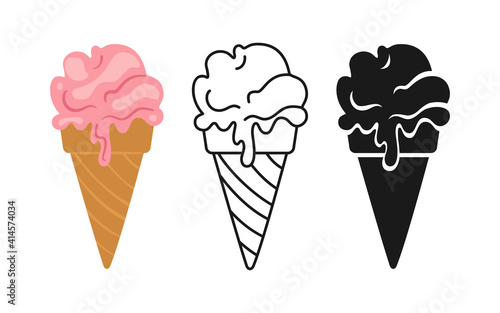 Strawberry ice cream cartoon set, line icon and black glyph style. Kawaii bright summer collection sweet food. Comic hand drawn sketch cute cone Ice cream. Isolated dessert vector illustration