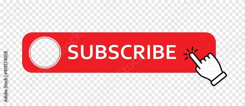Subscribe red button with hand finger click pointer. subscribe Social media concept isolated on transparent background. Vector icon illustration