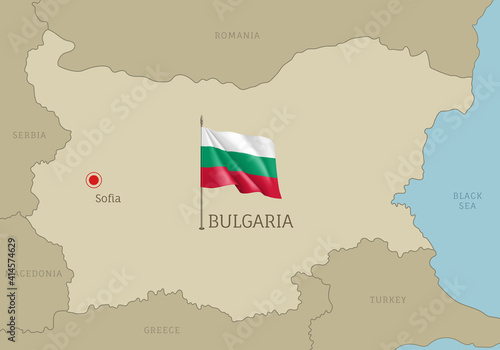 Highly detailed map of Bulgaria territory borders, East European country administrative map with Sofia capital city and waving national flag vector illustration