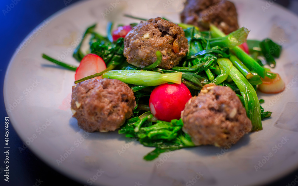 Meatballs with spinach, scallop, scallion, and red radish. Meatballs with spinach, scallop, scallion, and red radish.
