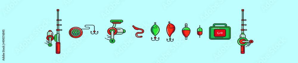 set of fishing tackle cartoon icon design template with various models. vector illustration isolated on blue background set of fishing tackle cartoon icon design template with various models. vector illustration isolated on blue background