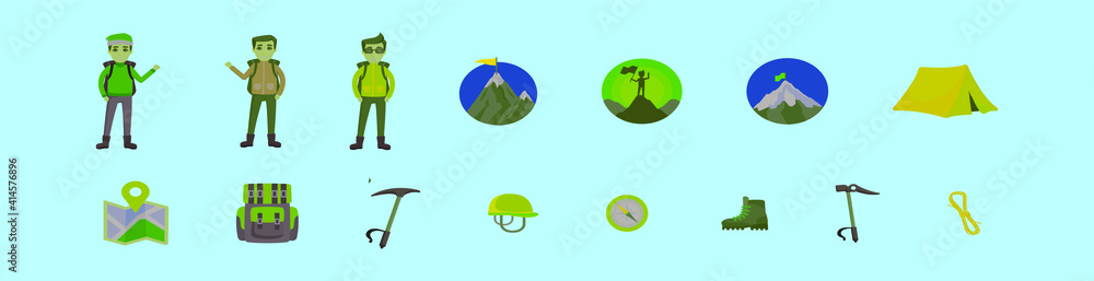 Obraz premium set of mountaineer tools cartoon icon design template with various models. modern vector illustration isolated on blue background