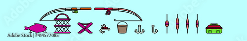 set of fishing tackle cartoon icon design template with various models. vector illustration isolated on blue background
