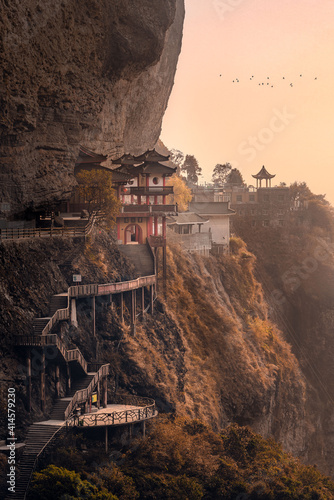 Ancient Chinese Temple: Lingtong Temple, which was built in the middle of the cliff in Lingtong Mountain, in Pinghe, Zhangzhou, Fujian Province, China photo