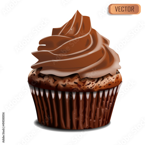 Chocolate cupcake, delicious creamy muffin realistic vector illustration. 3d muffin chocolate bake dessert isolated object on white background
