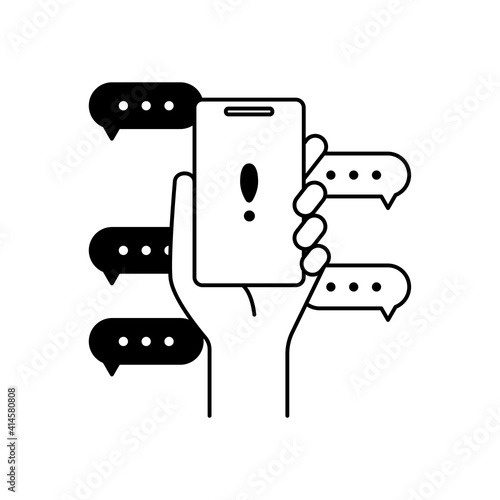 スマートフォンで問題解決　吹き出しとスマートフォンと手　ビックリマーク