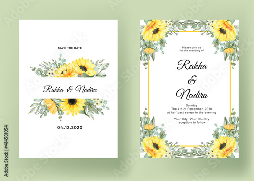 wedding invitation set with sunflower watercolor illustration frame