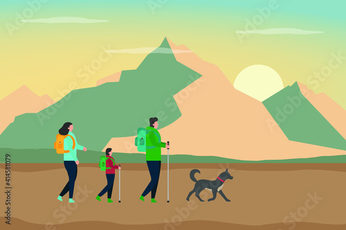 Hiking vector concept  Little boy and young parents hiking together while carrying backpack