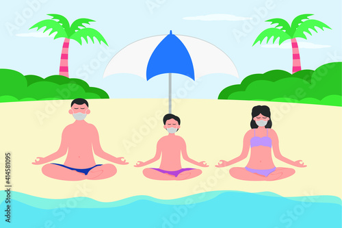 Holiday in new normal vector concept: Little son and parents doing yoga in the beach while wearing face mask © Creativa Images