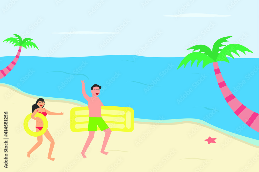 Summer holiday vector concept: Young couple carrying swimming tires in the beach while ready to swim