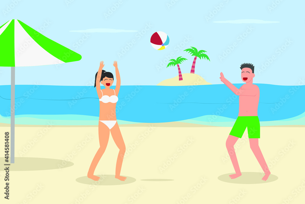 Summer holiday vector concept: Young couple playing volley ball in the beach while enjoying leisure time together